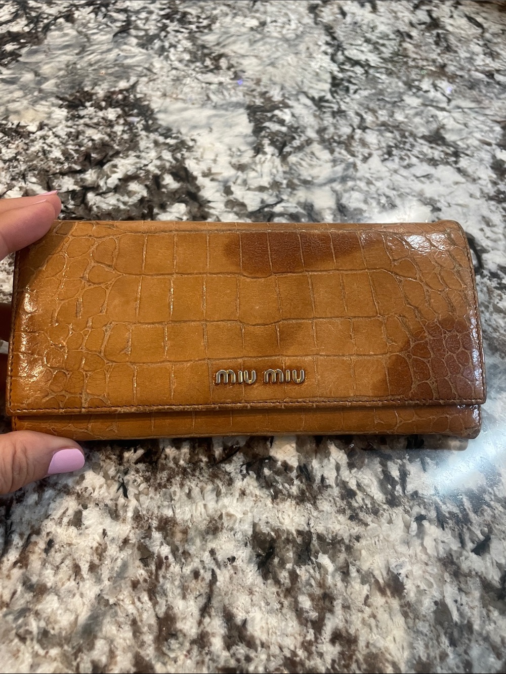 Rehab Miu Miu Croc-Embossed Leather Continental Wallet in Cognac